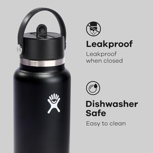 Hydro Flask 32 Oz Wide Flex Straw Cap Bottle - Insulated Stainless Steel - Wide Straw Lid, Non Spill, Leakproof in Black