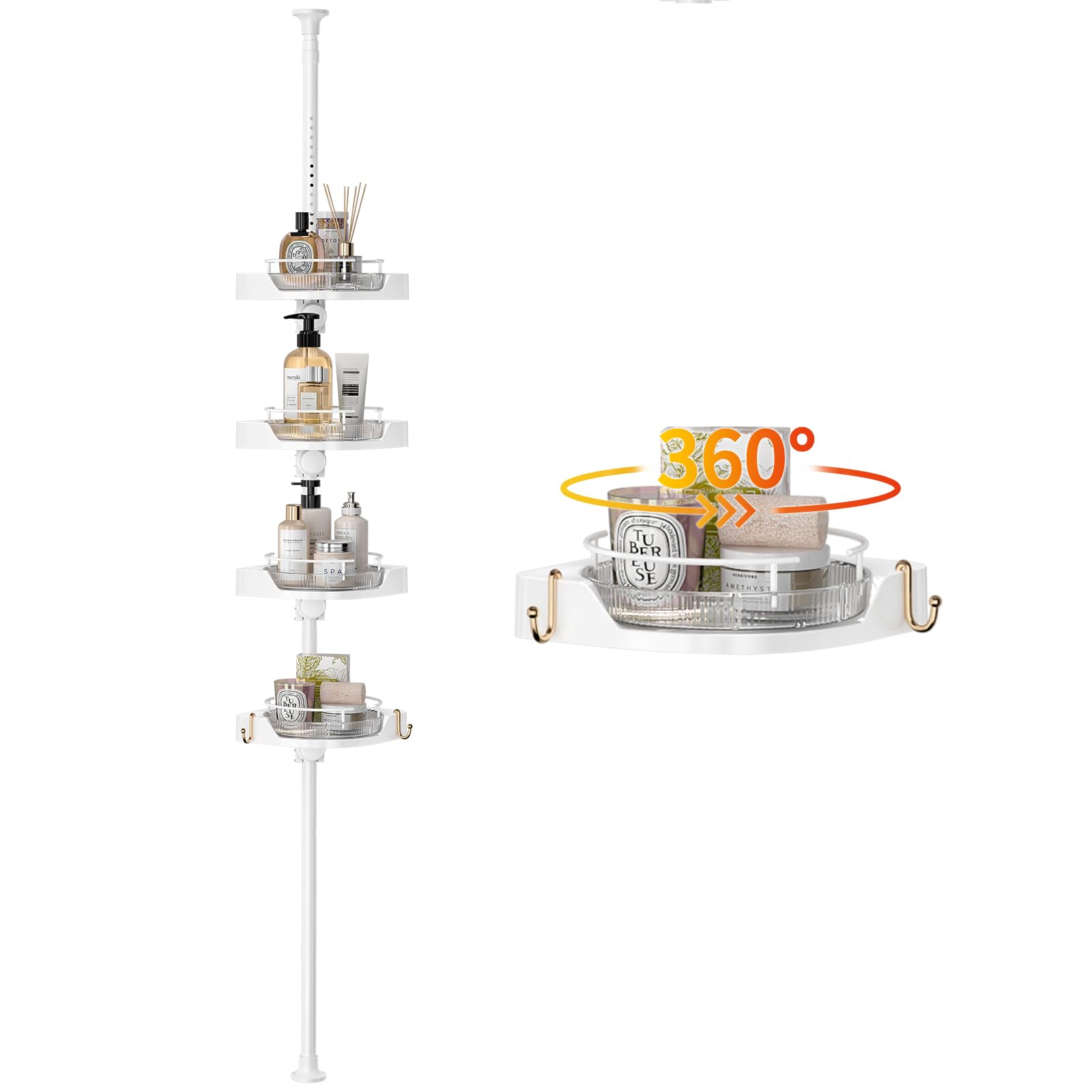 akinbas Tension Pole Shower Caddy with 4 L-Lazy Susan Organizer 360 Rotating 35-128 Inch No Drilling Floor Standing Shelves Adjustable Shower Rack for Bathroom Corner (White)