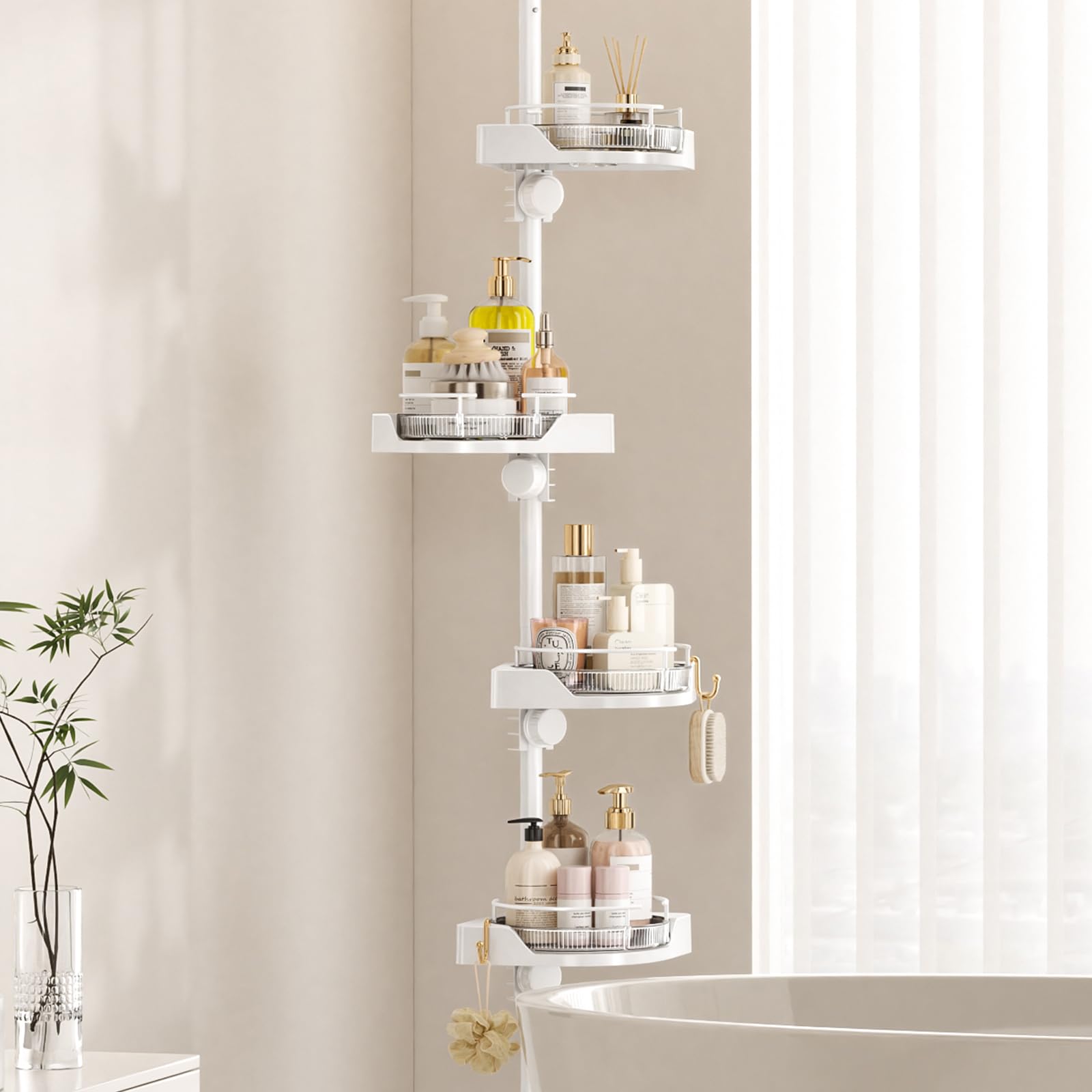 akinbas Tension Pole Shower Caddy with 4 L-Lazy Susan Organizer 360 Rotating 35-128 Inch No Drilling Floor Standing Shelves Adjustable Shower Rack for Bathroom Corner (White)