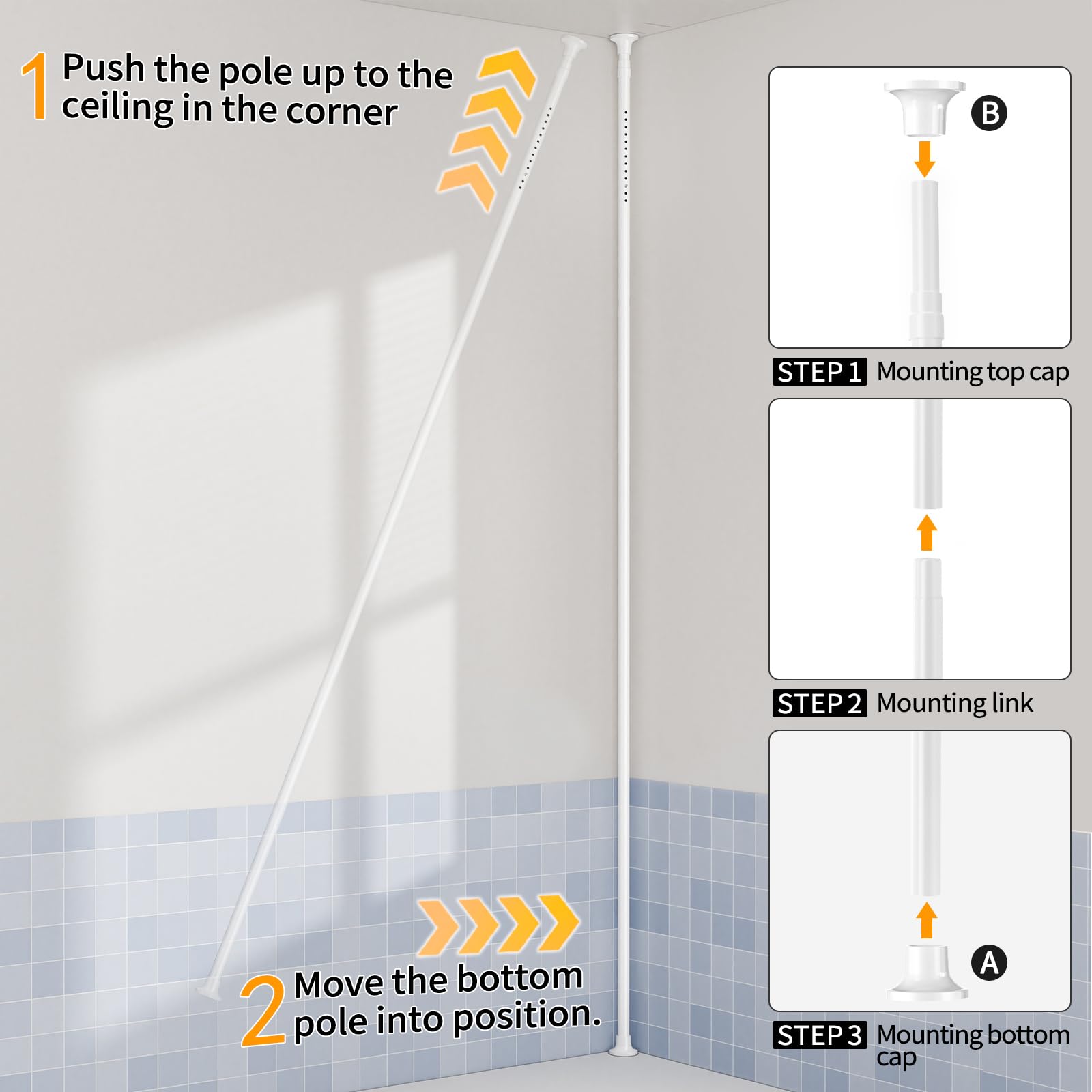 akinbas Tension Pole Shower Caddy with 4 L-Lazy Susan Organizer 360 Rotating 35-128 Inch No Drilling Floor Standing Shelves Adjustable Shower Rack for Bathroom Corner (White)