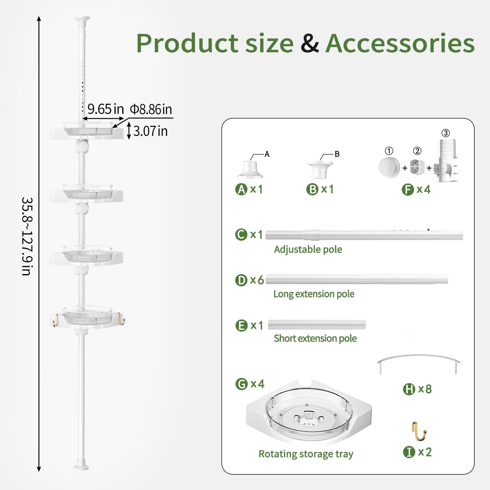 akinbas Tension Pole Shower Caddy with 4 L-Lazy Susan Organizer 360 Rotating 35-128 Inch No Drilling Floor Standing Shelves Adjustable Shower Rack for Bathroom Corner (White)
