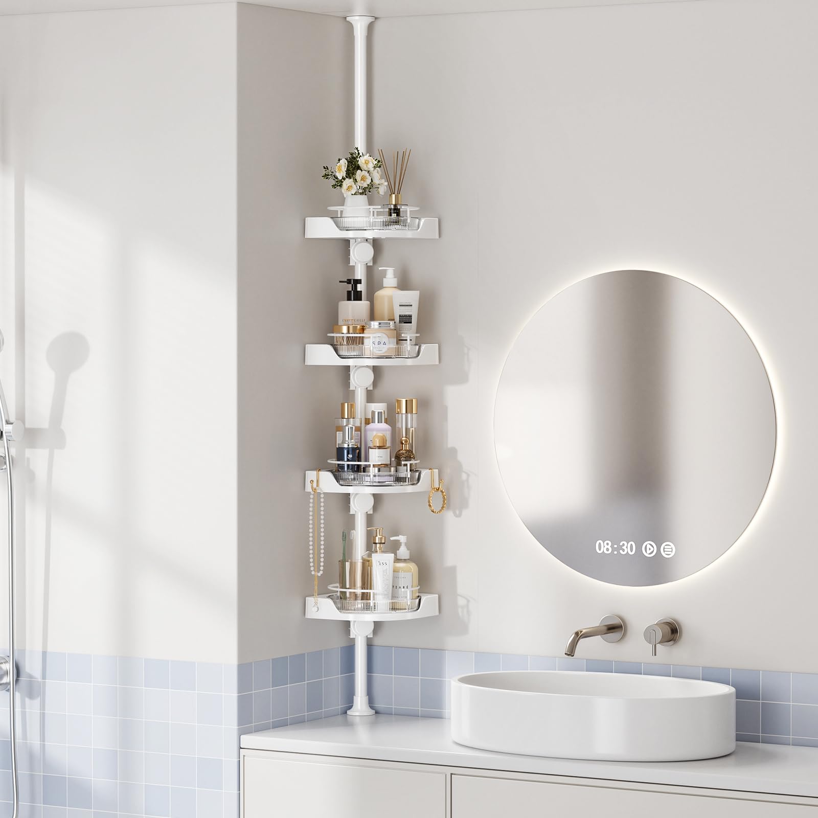 akinbas Tension Pole Shower Caddy with 4 L-Lazy Susan Organizer 360 Rotating 35-128 Inch No Drilling Floor Standing Shelves Adjustable Shower Rack for Bathroom Corner (White)