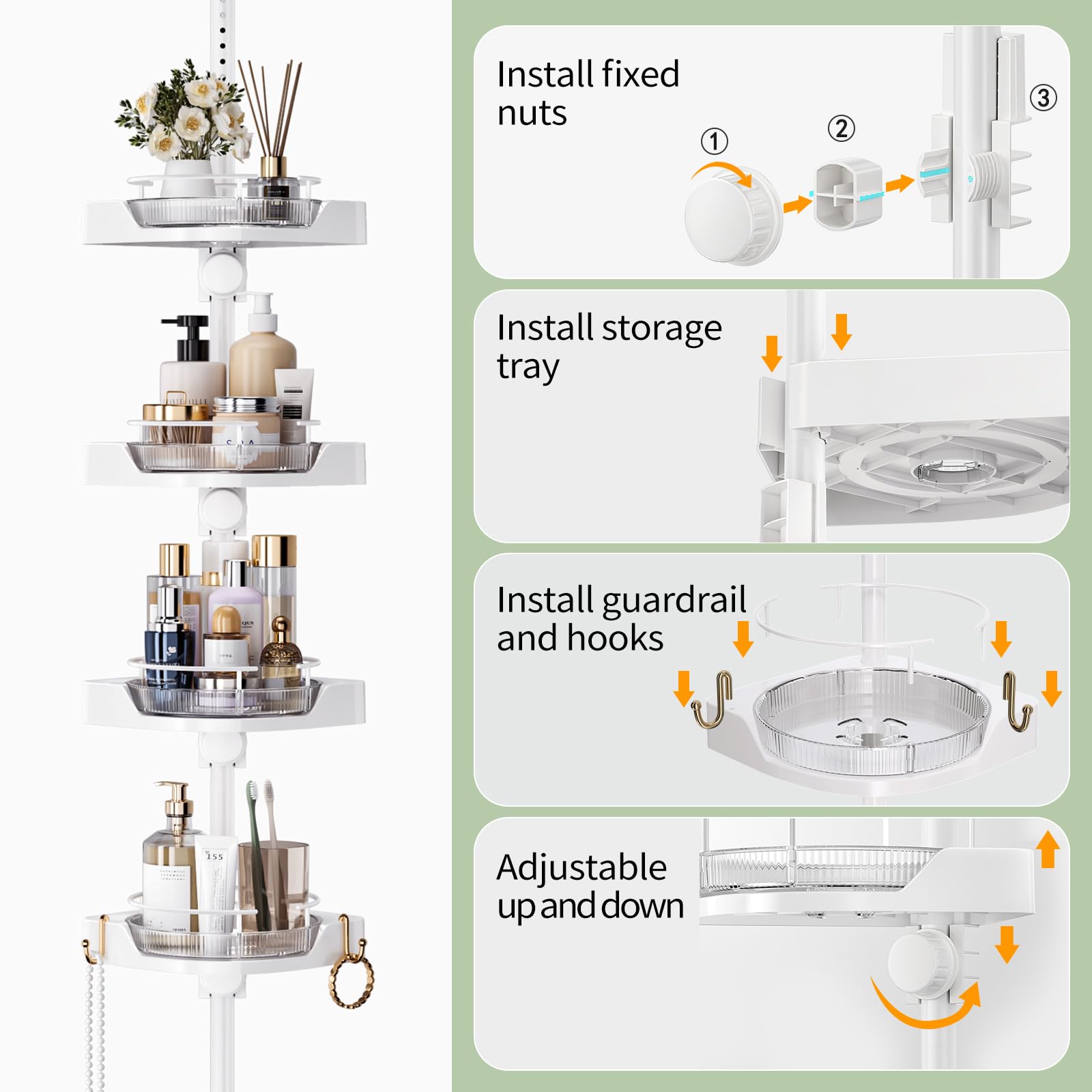 akinbas Tension Pole Shower Caddy with 4 L-Lazy Susan Organizer 360 Rotating 35-128 Inch No Drilling Floor Standing Shelves Adjustable Shower Rack for Bathroom Corner (White)