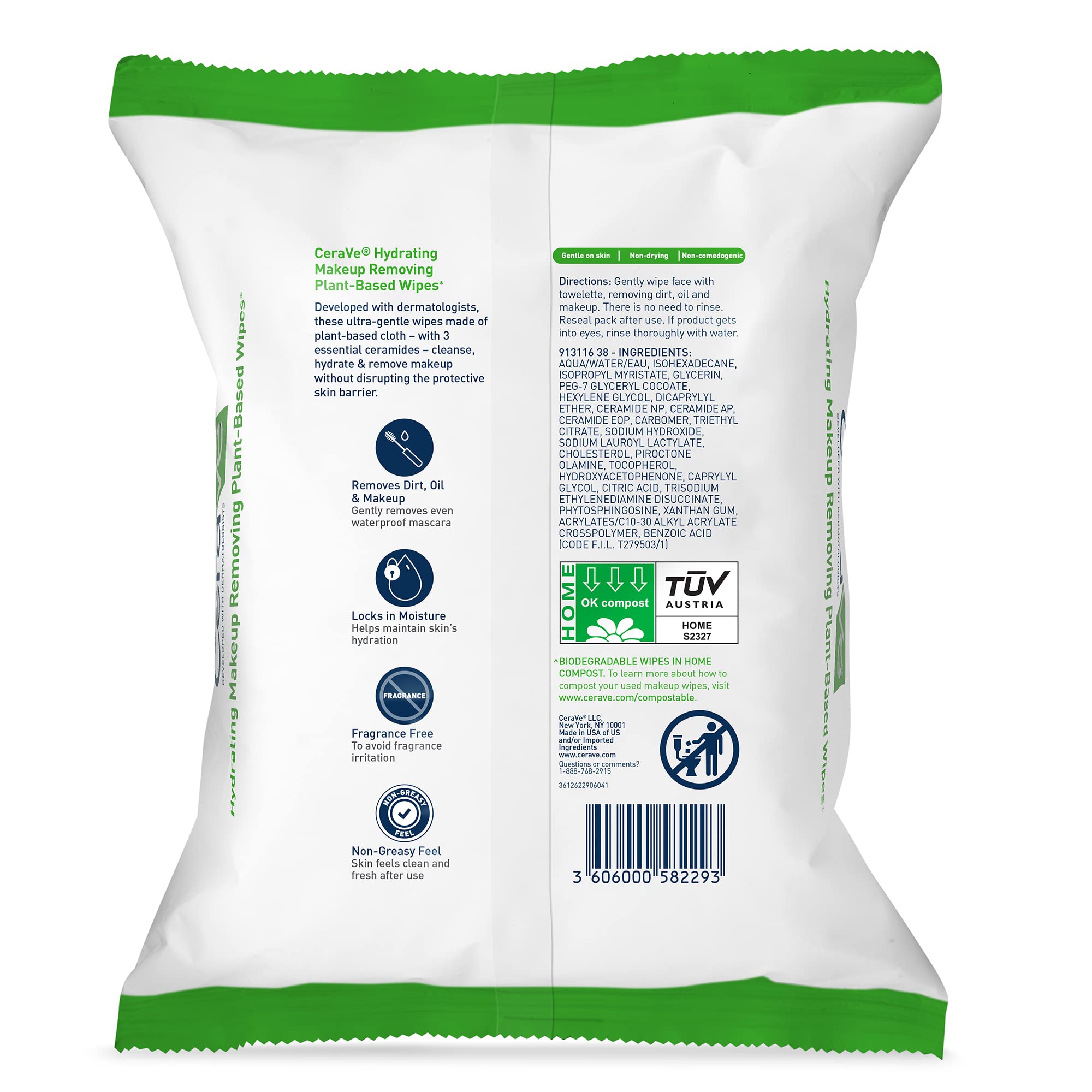 CeraVe Makeup Remover Wipes, Plant Based Face Wipes, Biodegradable in Compost, Waterless Face Wash, Travel Essentials for Women, Suitable for Sensitive Skin, Fragrance-free + Non-comedogenic, 25ct