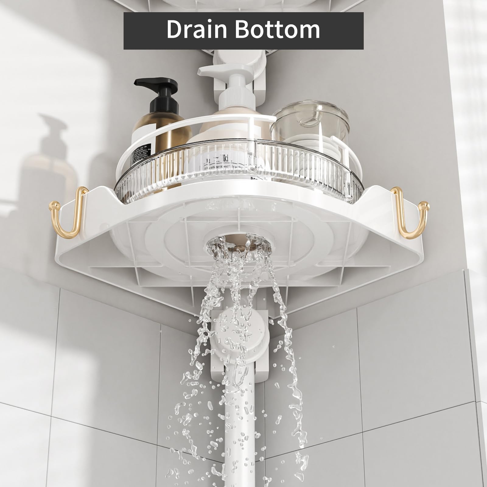 akinbas Tension Pole Shower Caddy with 4 L-Lazy Susan Organizer 360 Rotating 35-128 Inch No Drilling Floor Standing Shelves Adjustable Shower Rack for Bathroom Corner (White)