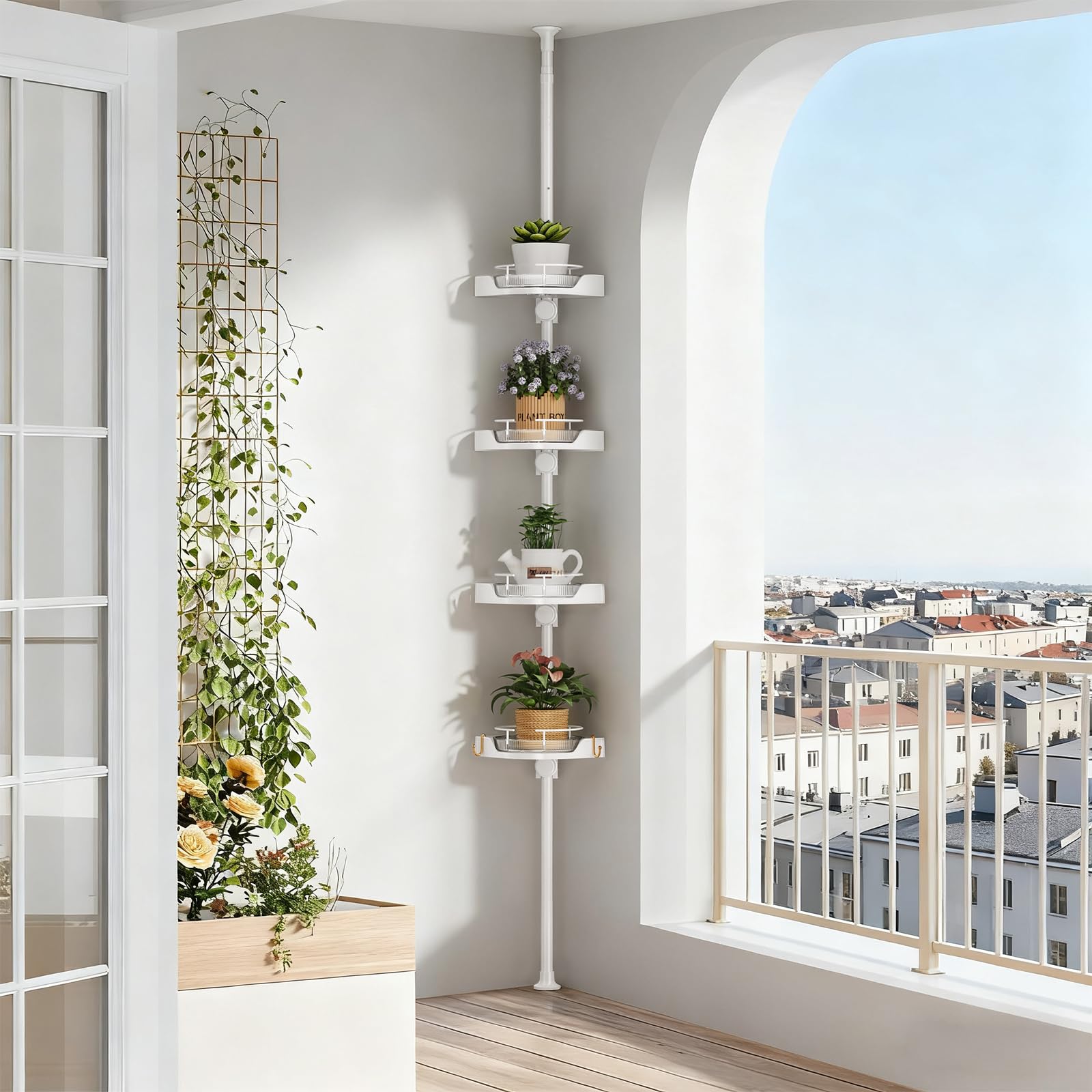 akinbas Tension Pole Shower Caddy with 4 L-Lazy Susan Organizer 360 Rotating 35-128 Inch No Drilling Floor Standing Shelves Adjustable Shower Rack for Bathroom Corner (White)