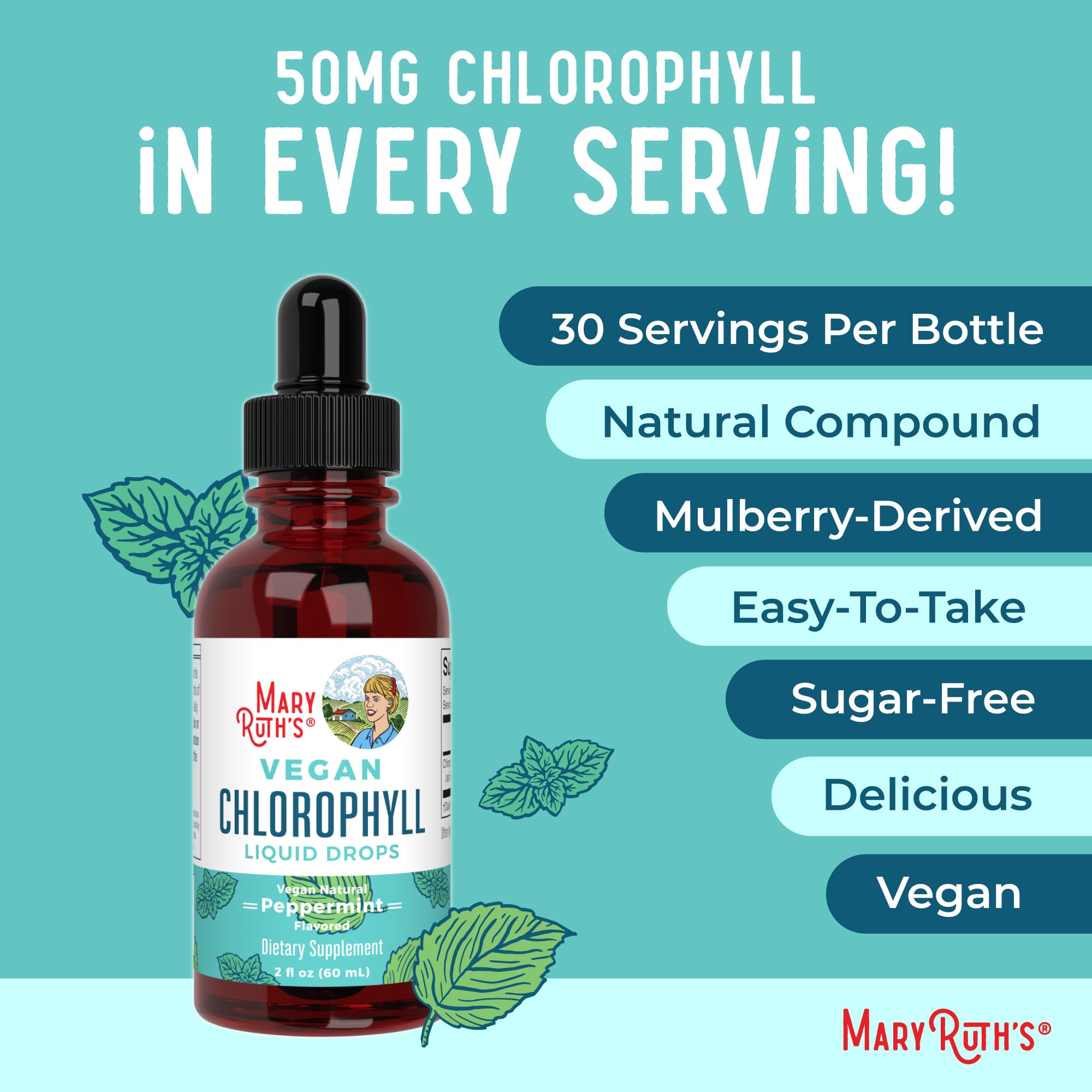 MaryRuth Organics Chlorophyll Liquid Drops | Clean Label Project Certified® | Vegan | Non-Diluted Liquid Chlorophyll| Mulberry Derived Supplement for 14+ | Non-GMO | Delicious Minty Flavor | 2 Fl Oz