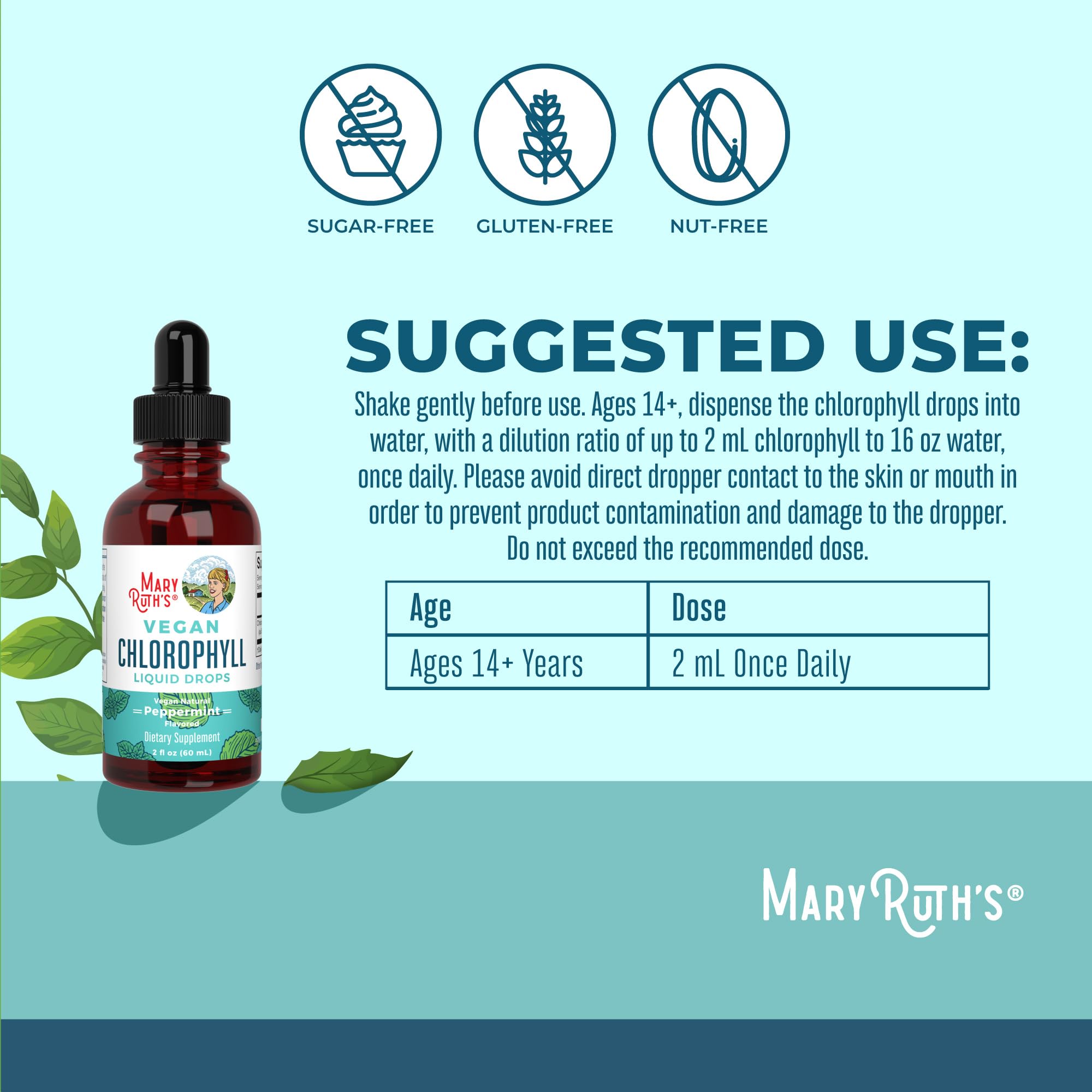 MaryRuth Organics Chlorophyll Liquid Drops | Clean Label Project Certified® | Vegan | Non-Diluted Liquid Chlorophyll| Mulberry Derived Supplement for 14+ | Non-GMO | Delicious Minty Flavor | 2 Fl Oz