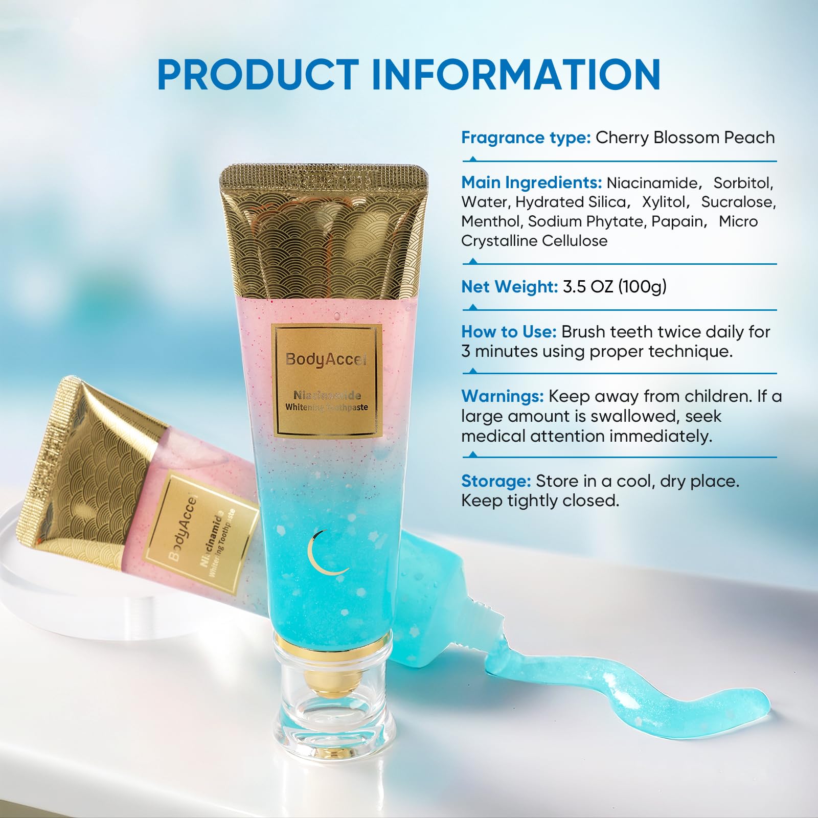 BodyAccel Niacinamide Whitening Toothpaste, Niacinamide Intensive Whitening Toothpaste with Natural Gentle Care Deep Stain Removal Clean Peach Flavor, Improves Gum Health, Fresh Breath (1)