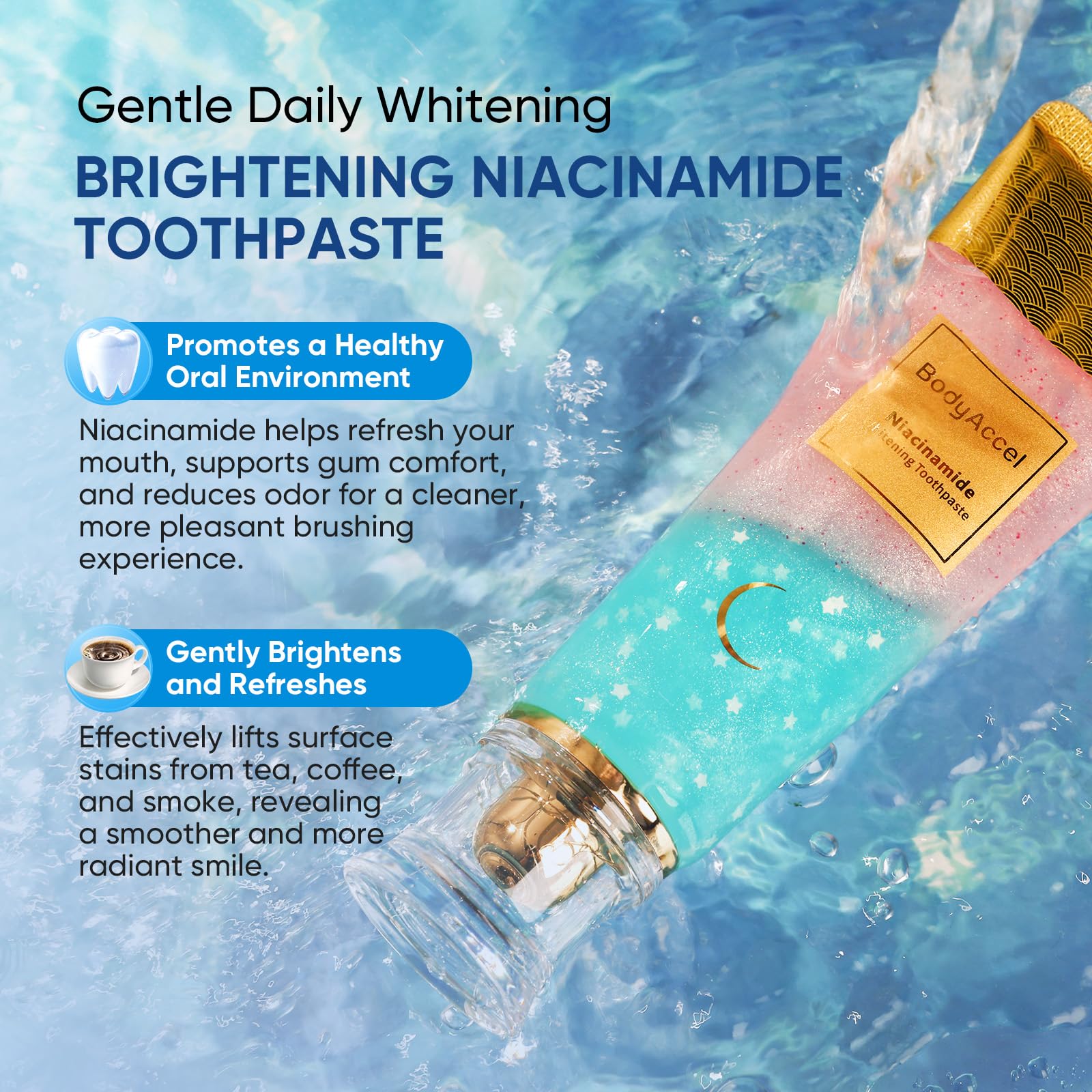 BodyAccel Niacinamide Whitening Toothpaste, Niacinamide Intensive Whitening Toothpaste with Natural Gentle Care Deep Stain Removal Clean Peach Flavor, Improves Gum Health, Fresh Breath (1)