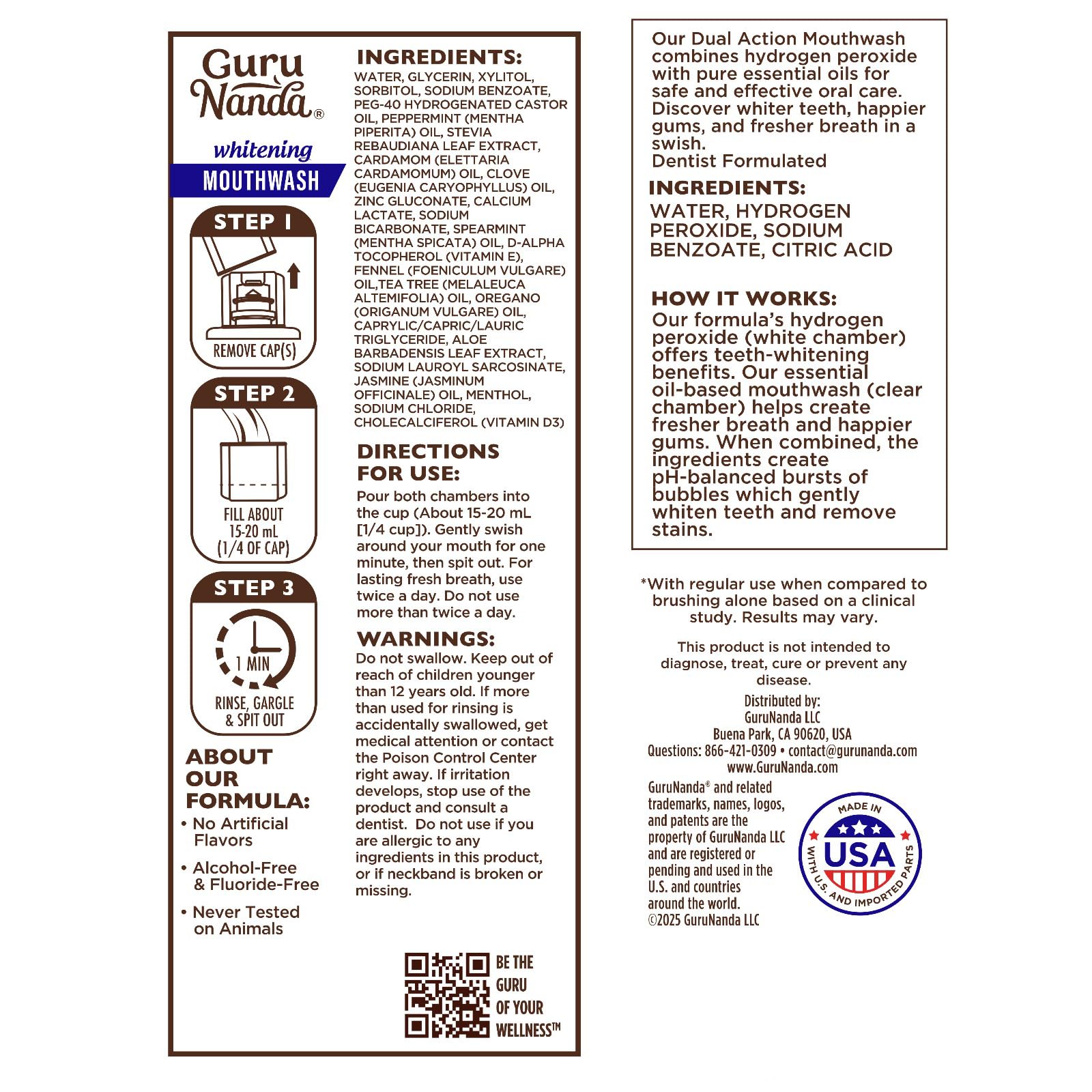 GuruNanda Teeth Whitening Dual Barrel Oxyburst Mouthwash - Alcohol & Fluoride Free, Hydrogen Peroxide to Promote Whiter Teeth - Wild Mint - 20 Fl Oz