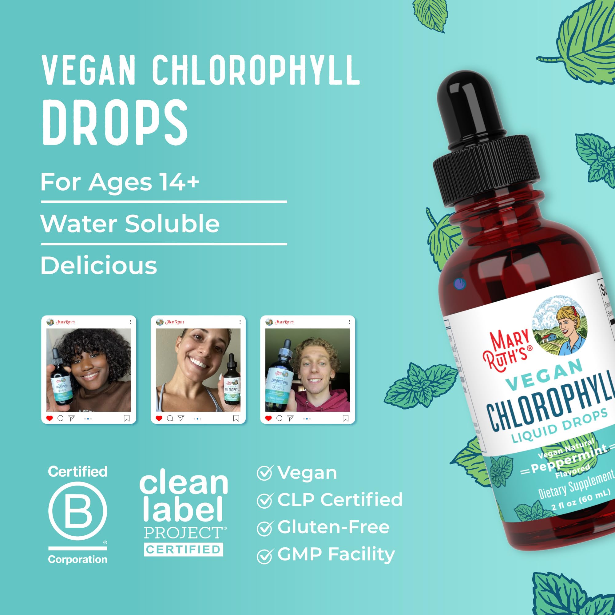 MaryRuth Organics Chlorophyll Liquid Drops | Clean Label Project Certified® | Vegan | Non-Diluted Liquid Chlorophyll| Mulberry Derived Supplement for 14+ | Non-GMO | Delicious Minty Flavor | 2 Fl Oz