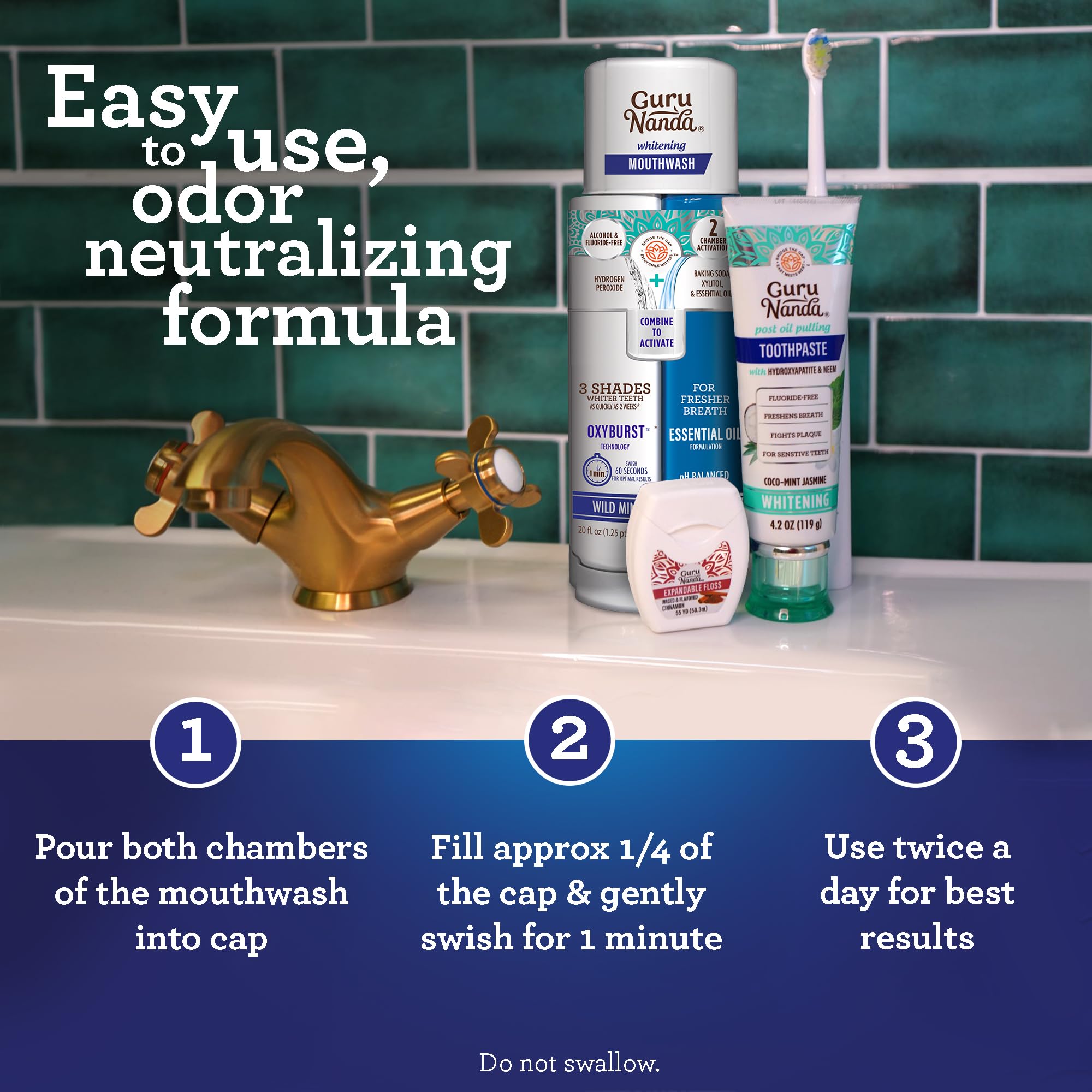 GuruNanda Teeth Whitening Dual Barrel Oxyburst Mouthwash - Alcohol & Fluoride Free, Hydrogen Peroxide to Promote Whiter Teeth - Wild Mint - 20 Fl Oz